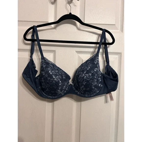 Victorias Secret 38D Bra Body by Victoria Lined Demi Padded Floral Lace Blue - Picture 13 of 14